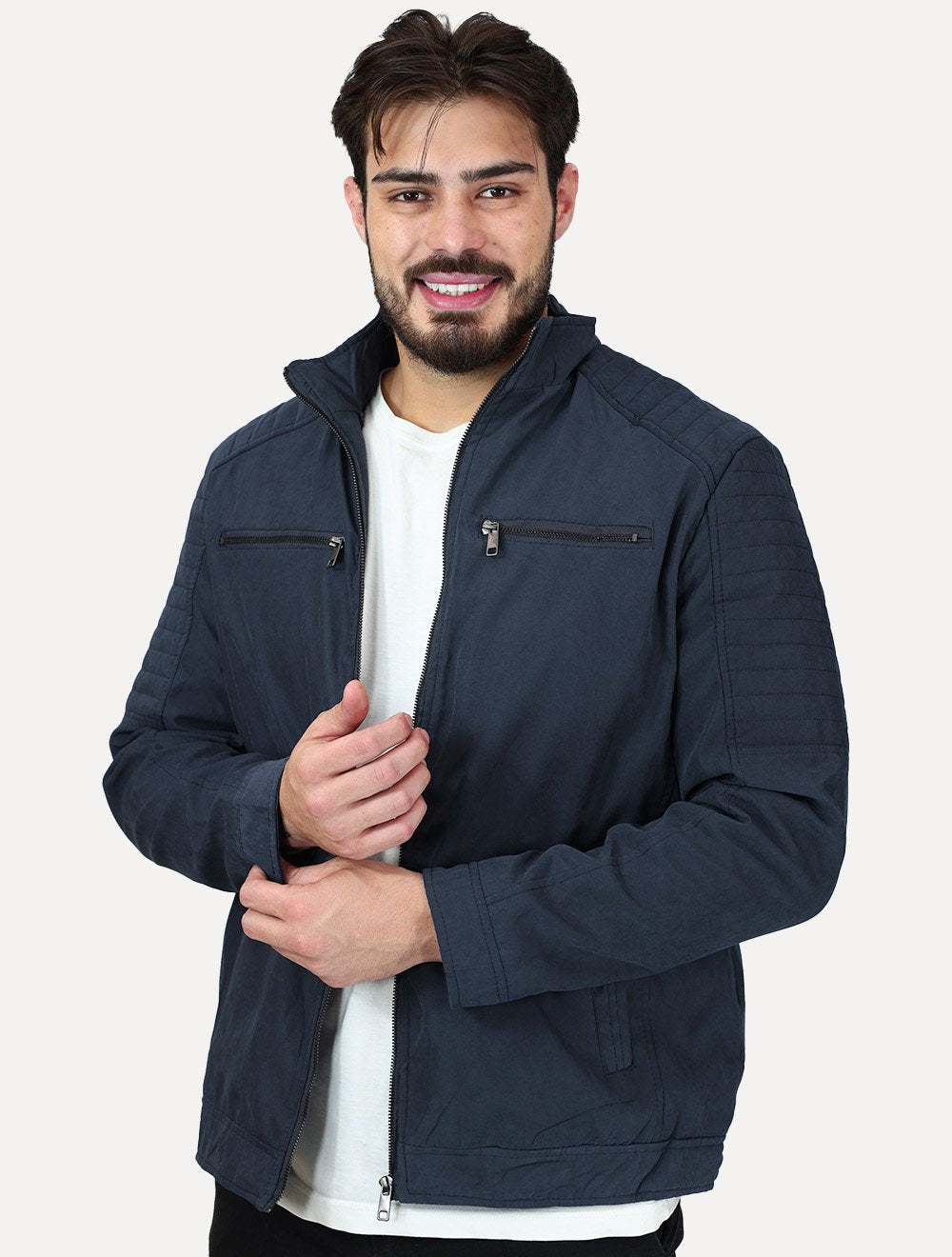 Jaqueta Dixen Masculina Sarja Forrada Zíper Frontal Pesponto nas Mangas Azul Marinho