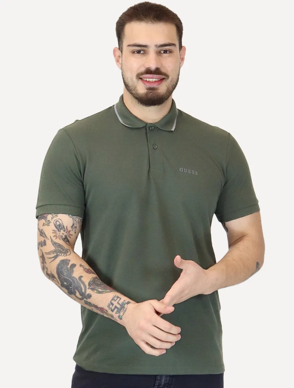Polo Guess Masculina Piquet Silk Linear Light Friso Verde Militar