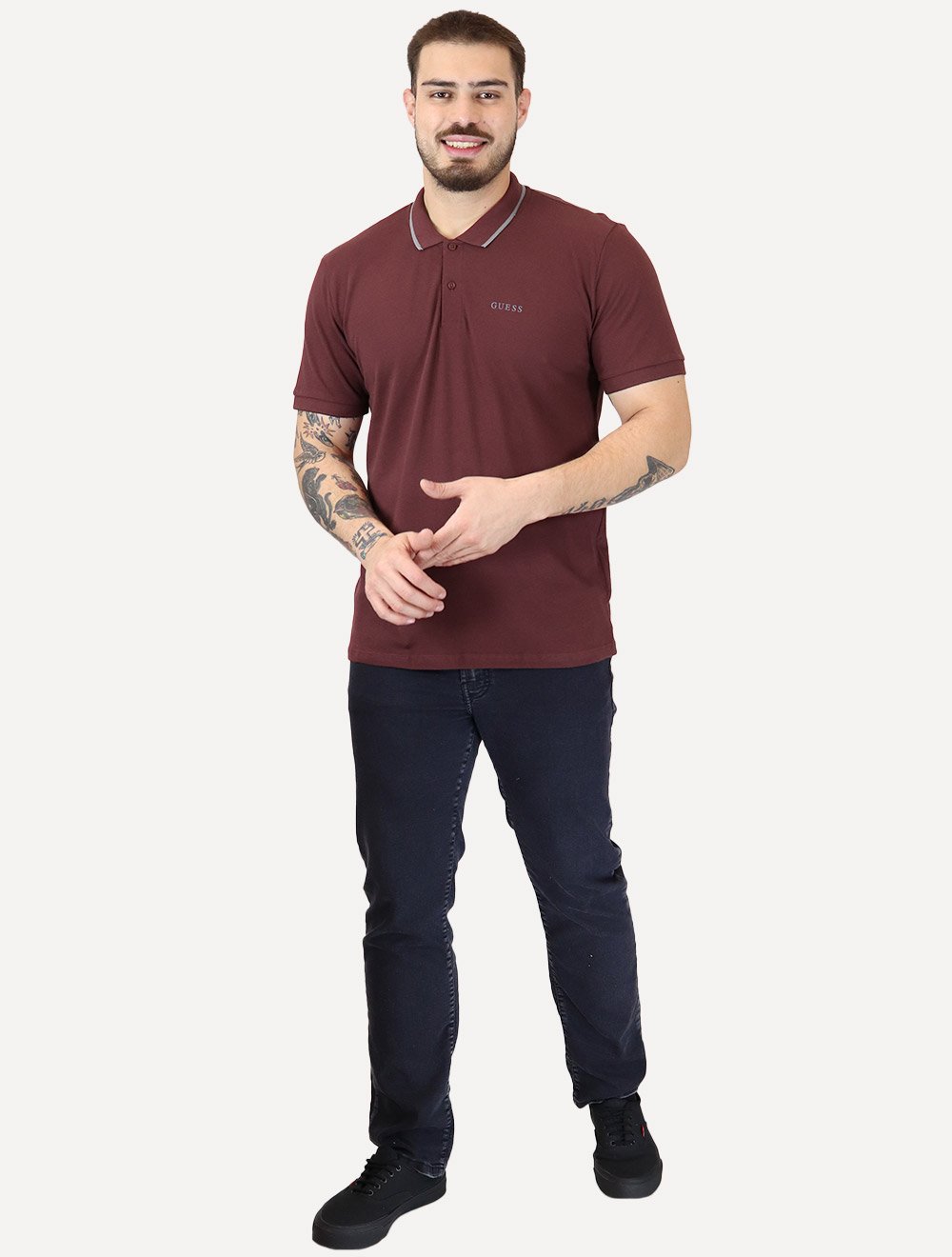 Polo Guess Masculina Piquet Silk Linear Light Friso Bordô