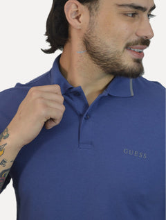 Polo Guess Masculina Piquet Silk Linear Light Friso Azul Escuro