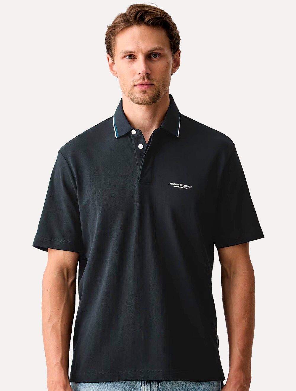 Camisa Polo Armani Exchange Regular Fit Pique Rib Details Azul Marinho