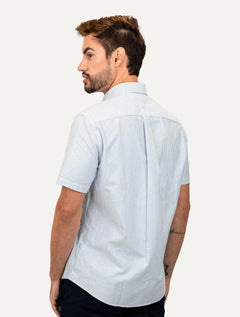Camisa Tommy Hilfiger Masculina Manga Curta Regular Oxford Stripes Azul Mescla