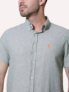 Camisa Ralph Lauren Masculina Manga Curta Linho Orange Icon Verde Mescla