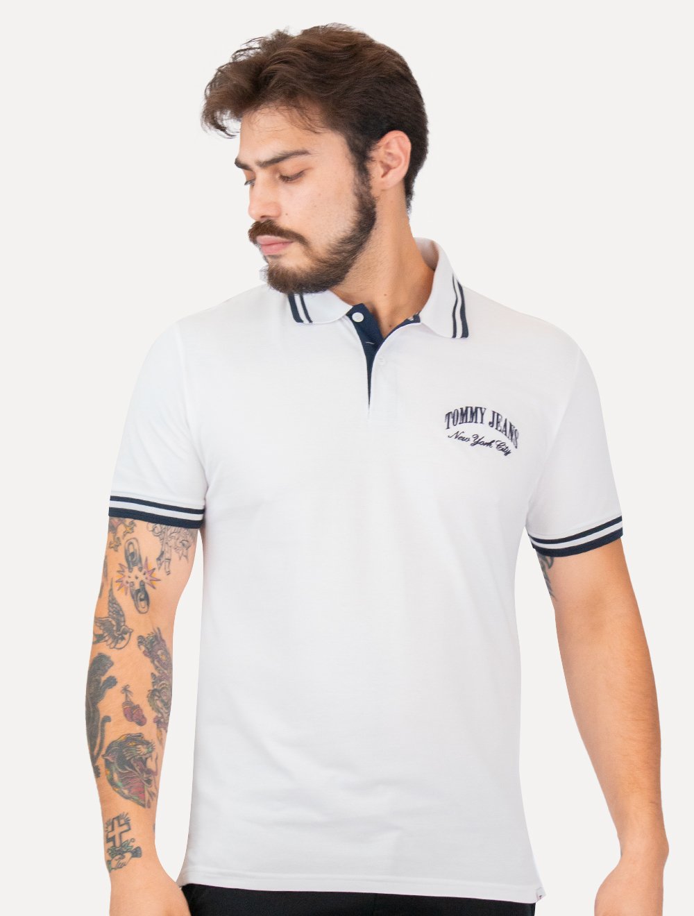 Polo Tommy Jeans Masculina Piquet Regular Tipping Branca