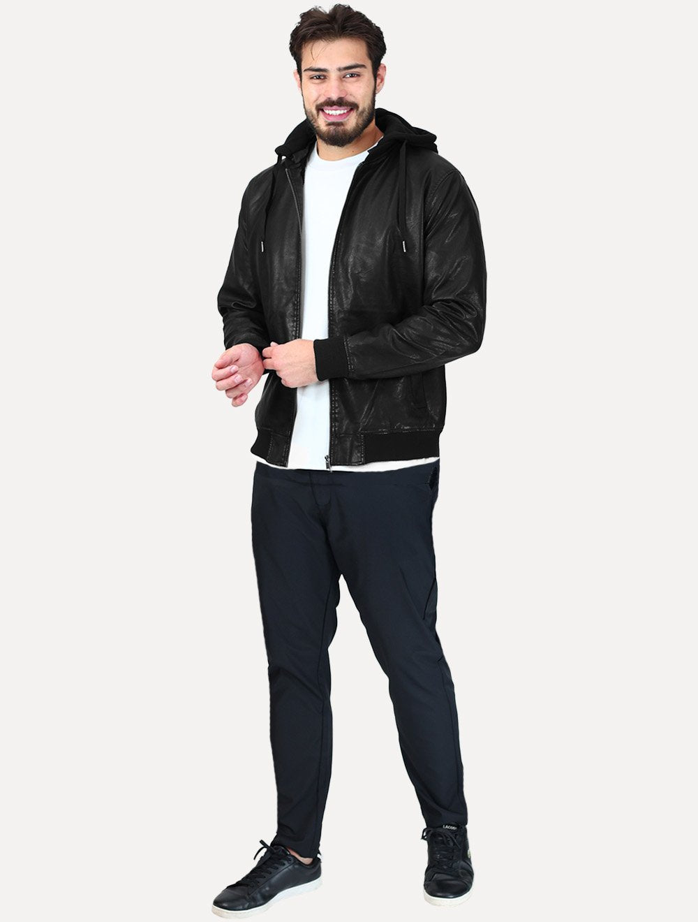 Jaqueta Dixen PU Bomber Capuz Zíper Frontal Preto