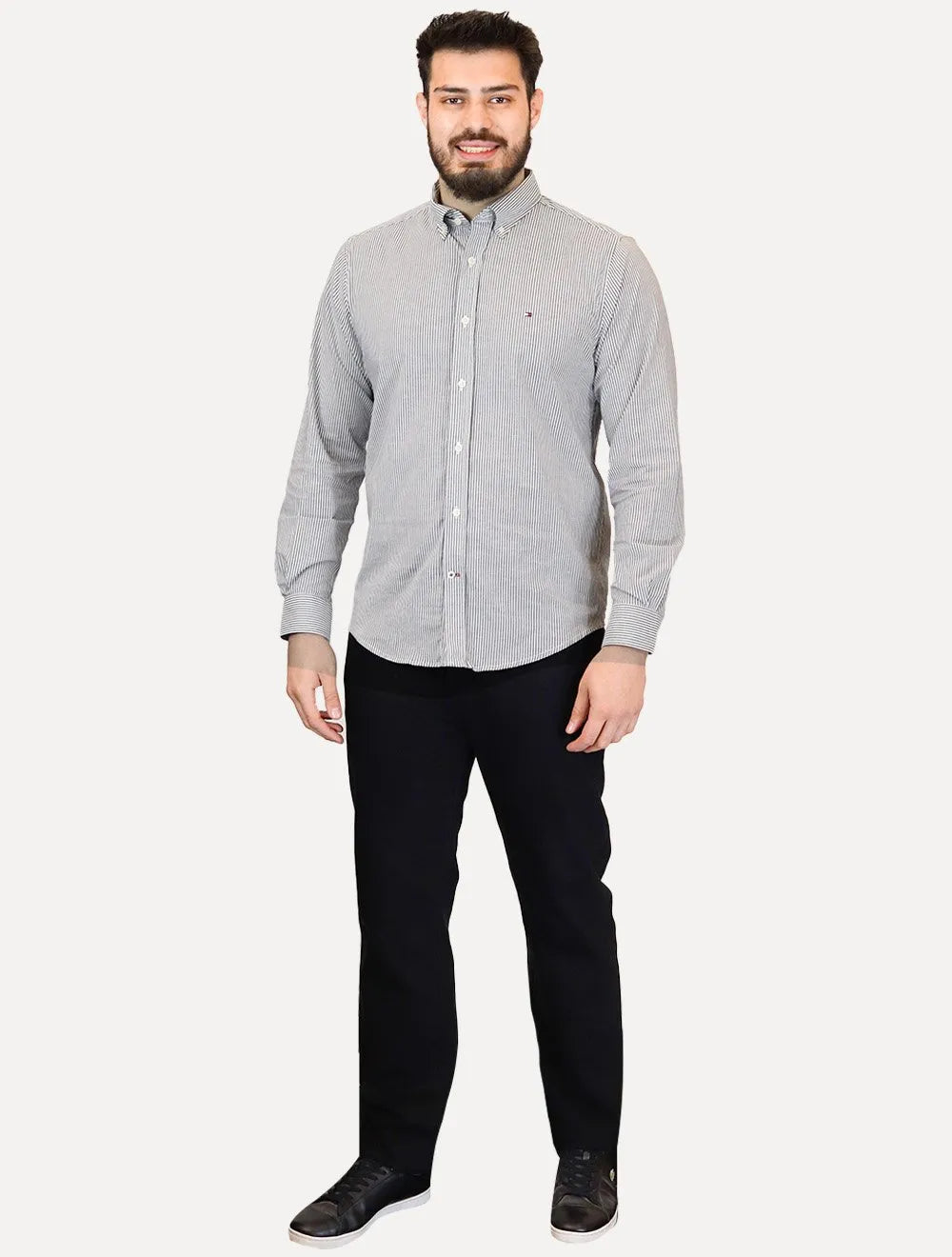 Camisa Tommy Hilfiger Masculina Regular Striped Poplin Preta