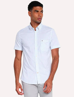 Camisa Tommy Hilfiger Masculina Manga Curta Regular Listrada Oxford Azul Claro