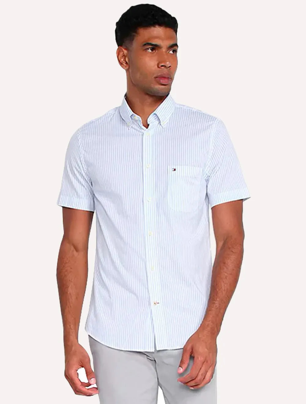 Camisa Tommy Hilfiger Masculina Manga Curta Regular Listrada Oxford Azul Claro