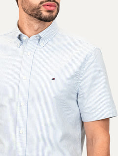 Camisa Tommy Hilfiger Masculina Manga Curta Regular Oxford Stripes Azul Mescla