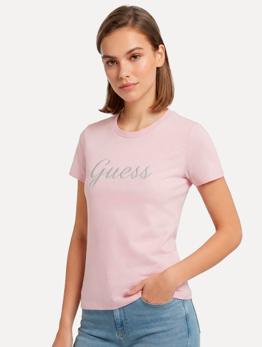 Camiseta Guess Feminina Signature Embroidery Logo Rosa Claro