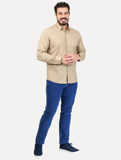 Camisa Dudalina Masculina Slim Slub Cotton Flame Lisa Cáqui Claro