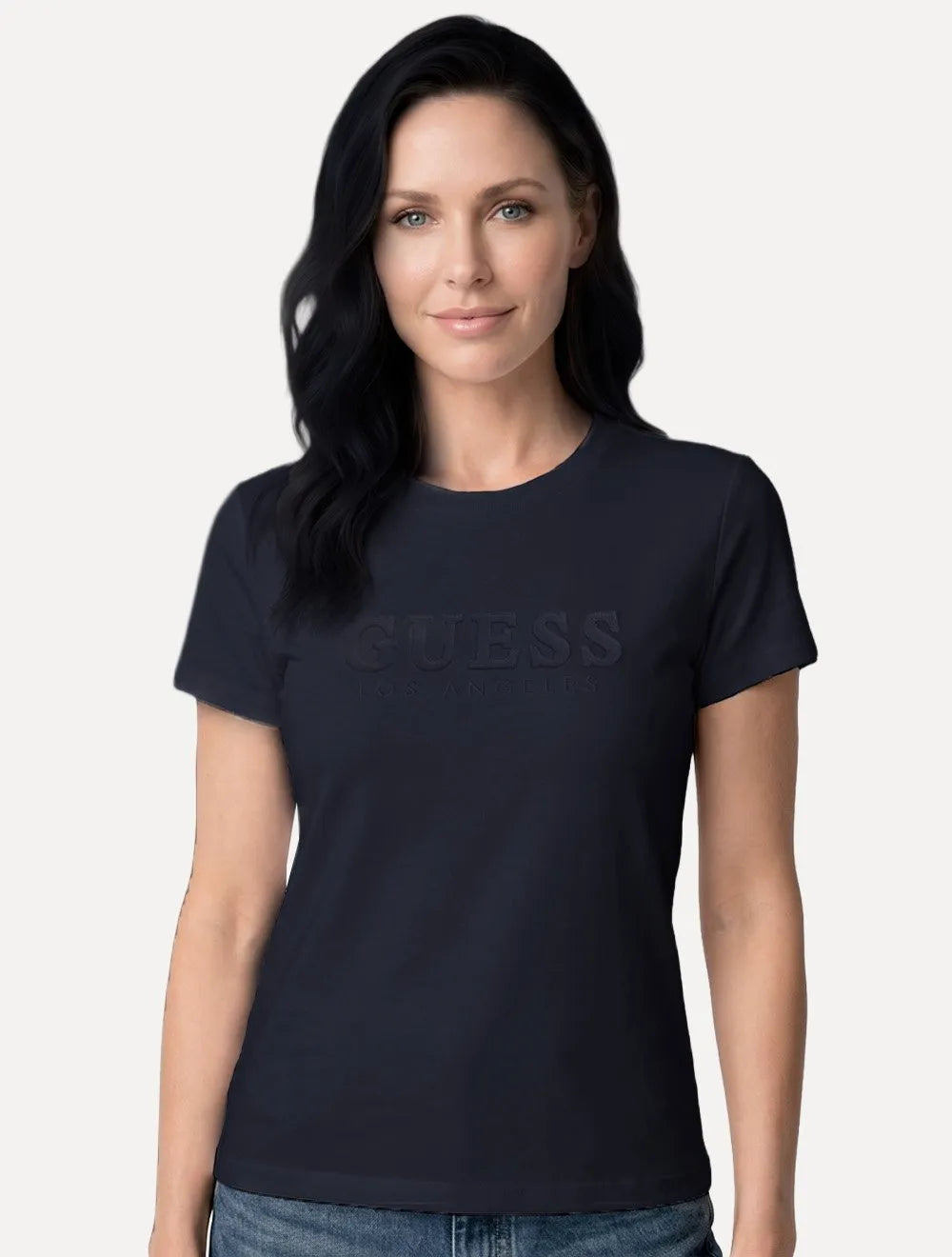 Camiseta Guess Feminina Bold Cursive Embossed Logo Azul Marinho