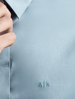 Camisa Armani Exchange Masculina Slim Fit Hidden Button Mono Logo Azul Índigo