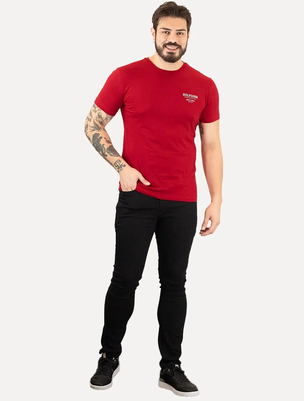 Camiseta Tommy Hilfiger Masculina Regular Global Stripe Vermelha