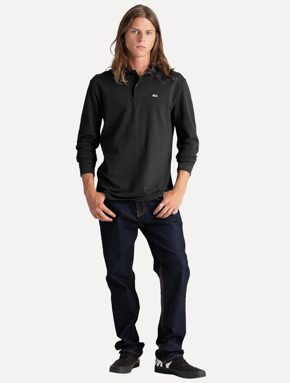 Polo Tommy Jeans Masculina Slim Piquet Flag Placket Preta