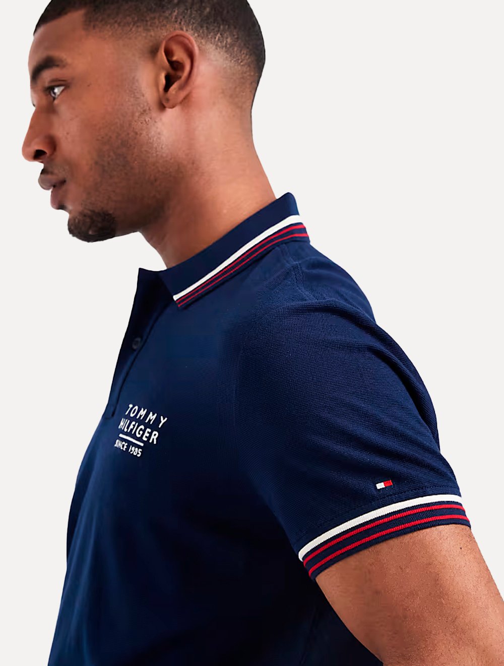 Polo Tommy Hilfiger Masculina Regular Stripe Collar Cuff Detail Azul Marinho