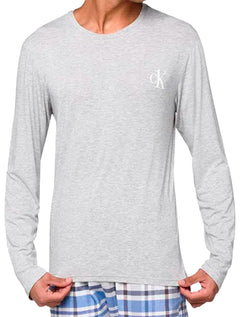 Pijama Calvin Klein Masculino Manga Longa Calça Flanelada 1996 Xadrez Azul Cinza Mescla