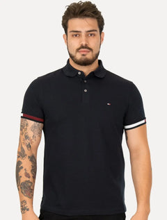 Polo Tommy Hilfiger Masculina Slim Piquet Classic Flag Cuff Azul Marinho