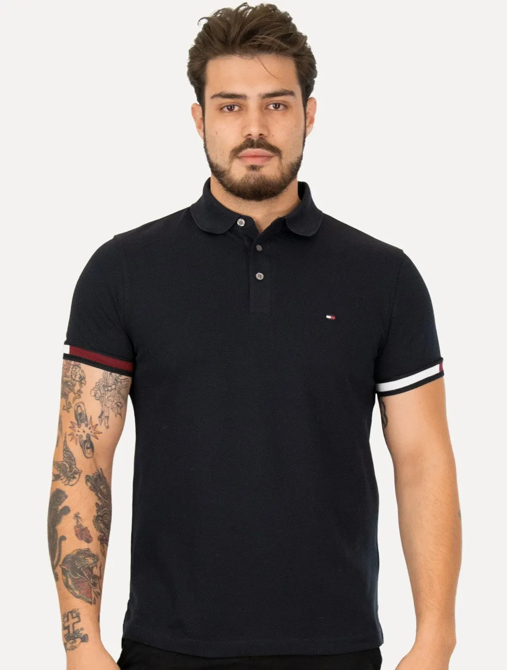 Polo Tommy Hilfiger Masculina Slim Piquet Classic Flag Cuff Azul Marinho