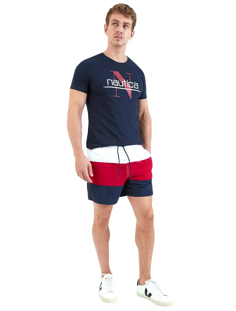 Short Nautica Masculino D'Água Colorblock Icon Marinho Branco e Vermelho