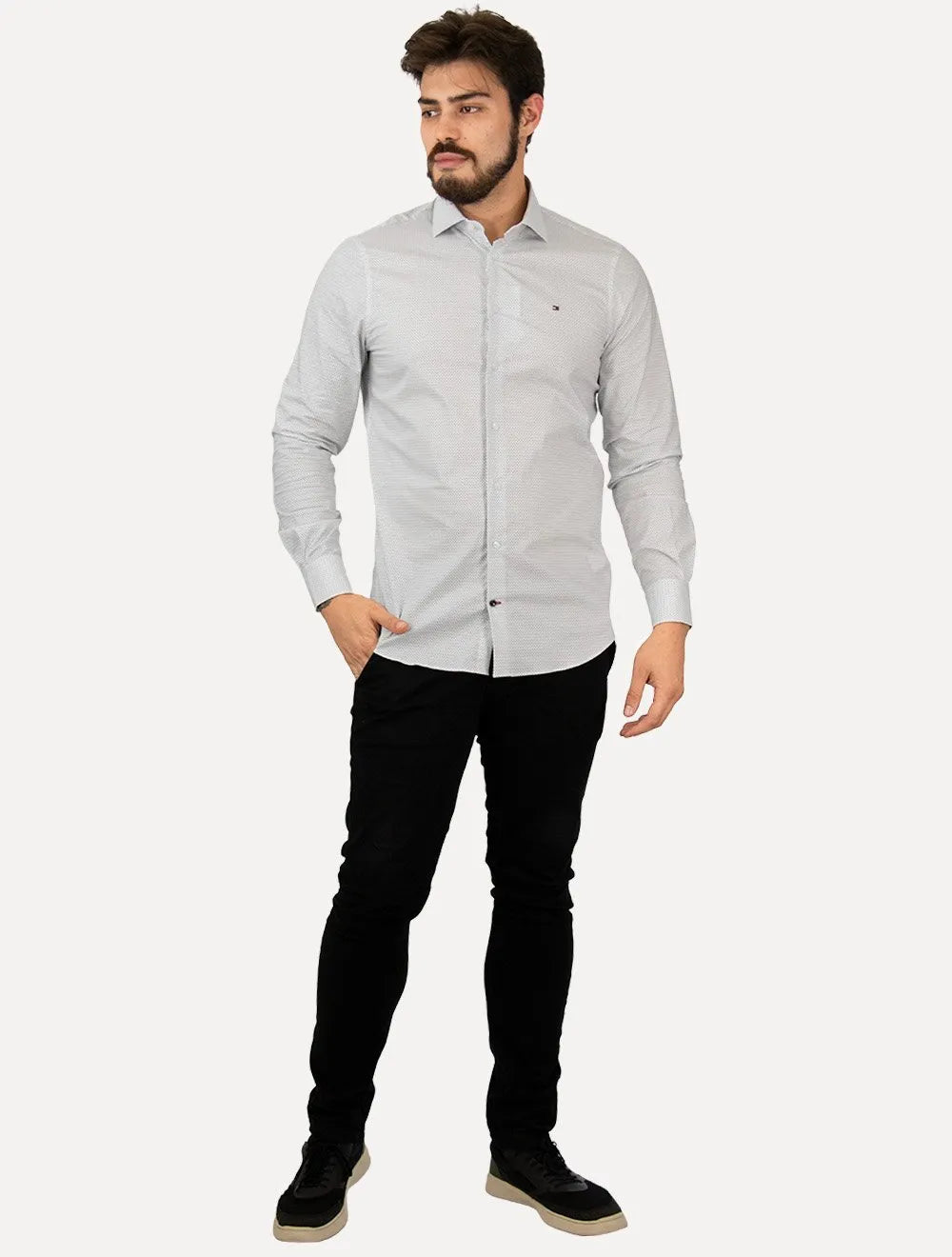 Camisa Tommy Hilfiger Masculina Slim Mini Print Branca
