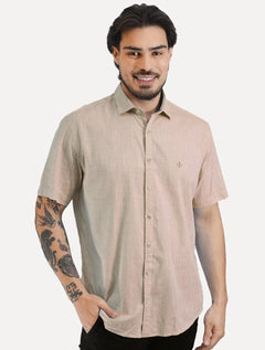 Camisa Dudalina Masculina Manga Curta Comfort Fit Slub Cotton Flame Marrom Claro
