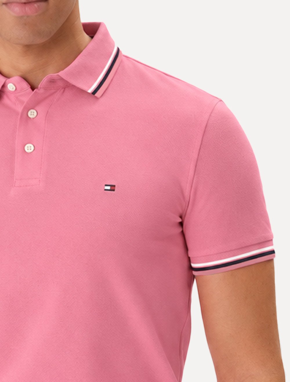 Camisa Polo Tommy Hilfiger Masculina Slim Malha Liquid Cotton Tipped Seasonal Rosa