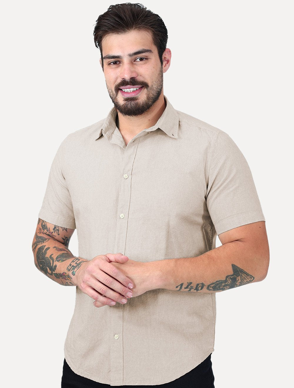 Camisa Aramis Masculina Manga Curta Slim Oxford Planalto Cáqui