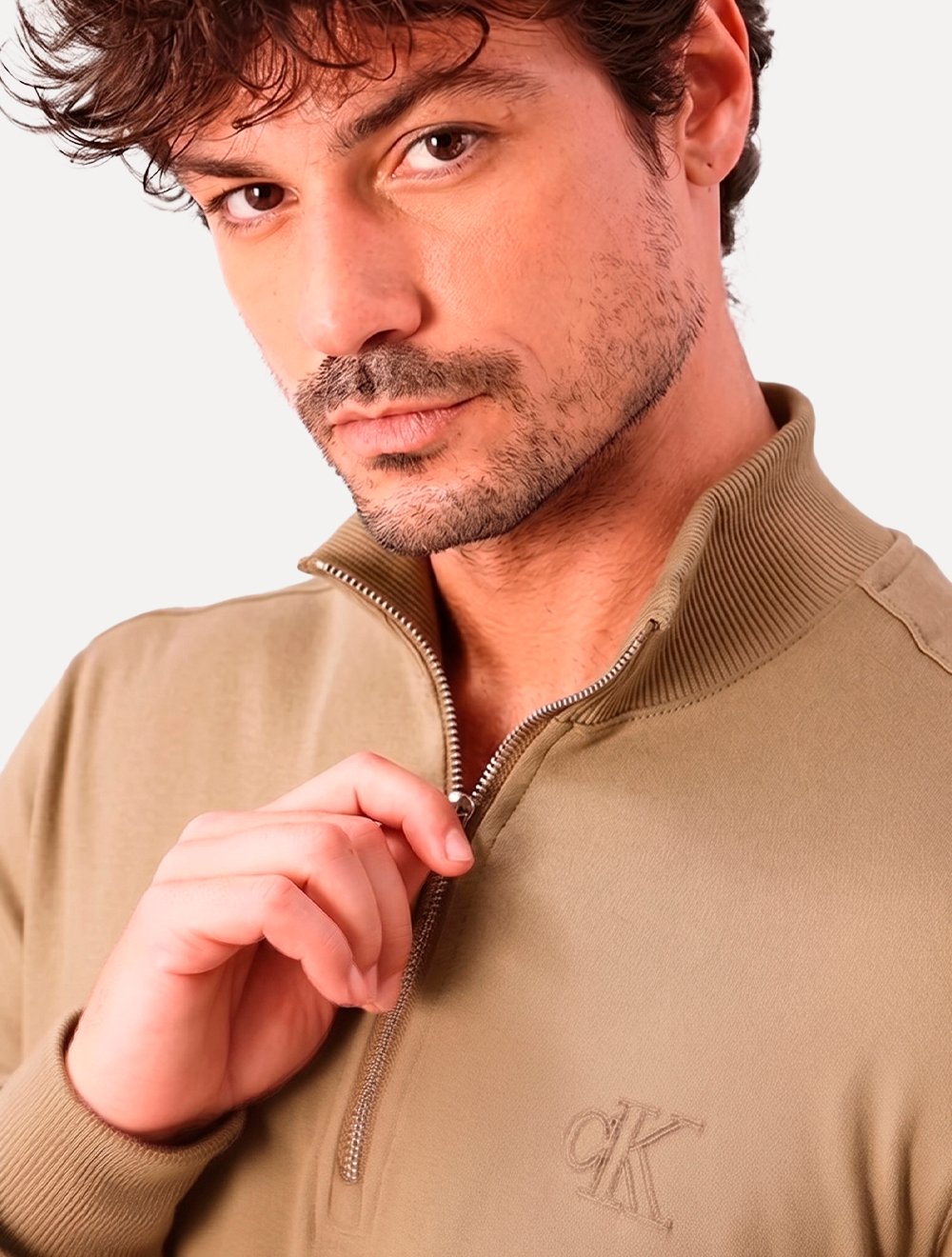 Blusão Calvin Klein Masculino Suedine Half Zip Cáqui