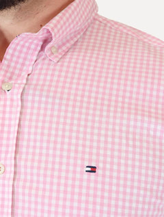Camisa Tommy Hilfiger Masculina Manga Curta Xadrez Gingham Branca/Rosa