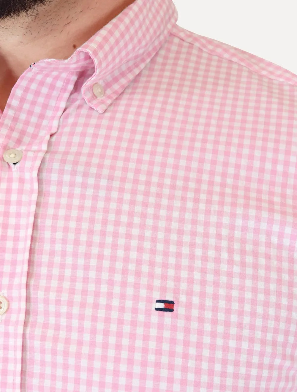 Camisa Tommy Hilfiger Masculina Manga Curta Xadrez Gingham Branca/Rosa