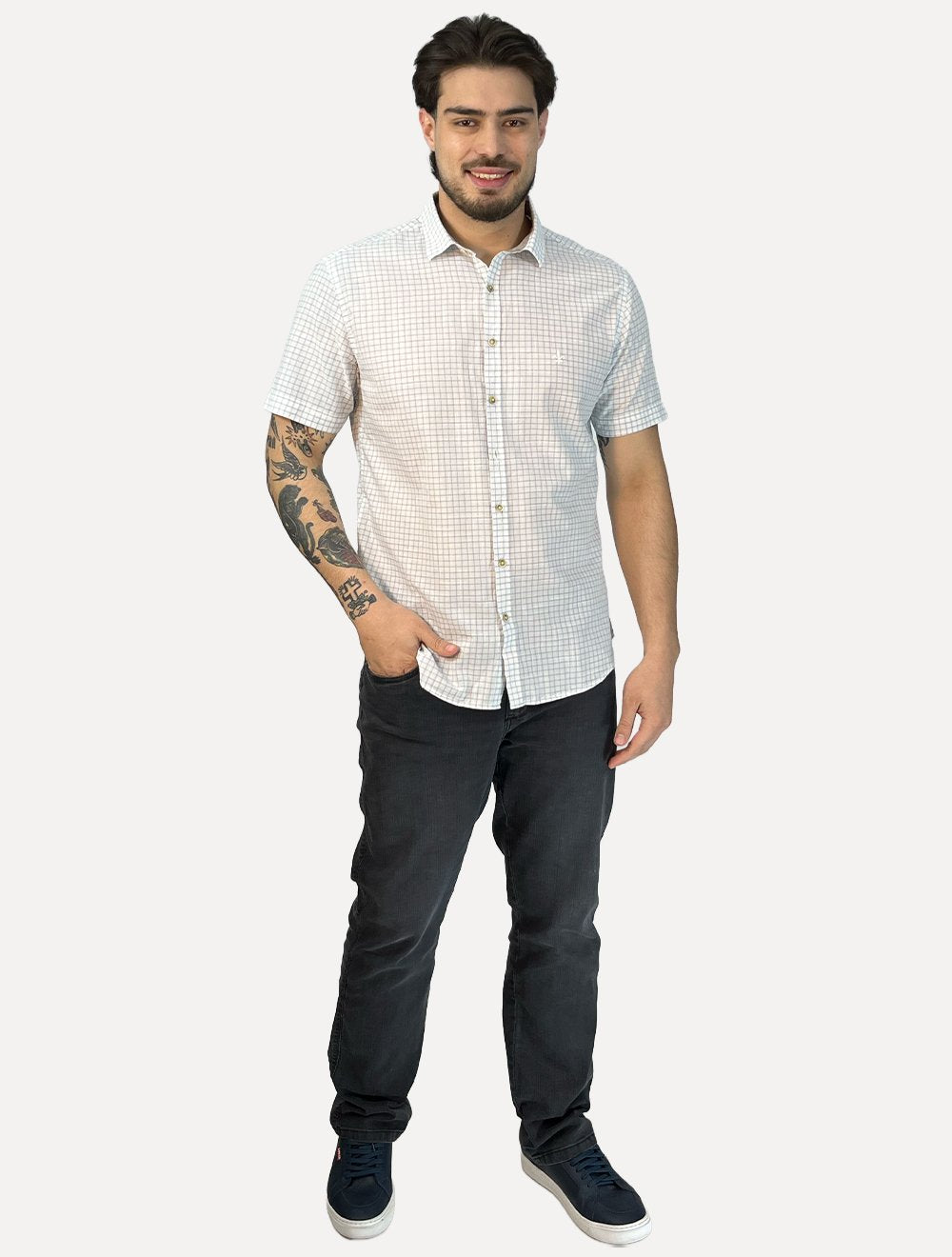 Camisa Dudalina Masculina Manga Curta Slim Flamê Xadrez Mono Logo Branca
