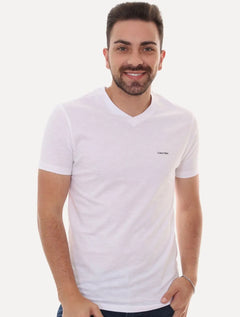 Camiseta Calvin Klein Masculina V-Neck Logo Flamê Branca
