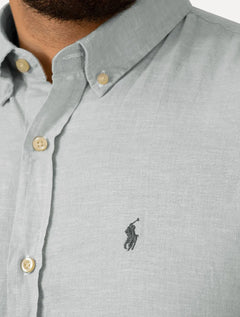 Camisa Ralph Lauren Masculina Manga Curta Custom Linho Grey Logo Cinza Mescla
