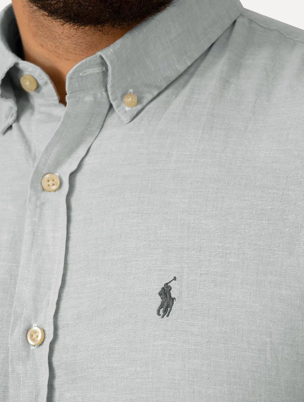 Camisa Ralph Lauren Masculina Manga Curta Custom Linho Grey Logo Cinza Mescla