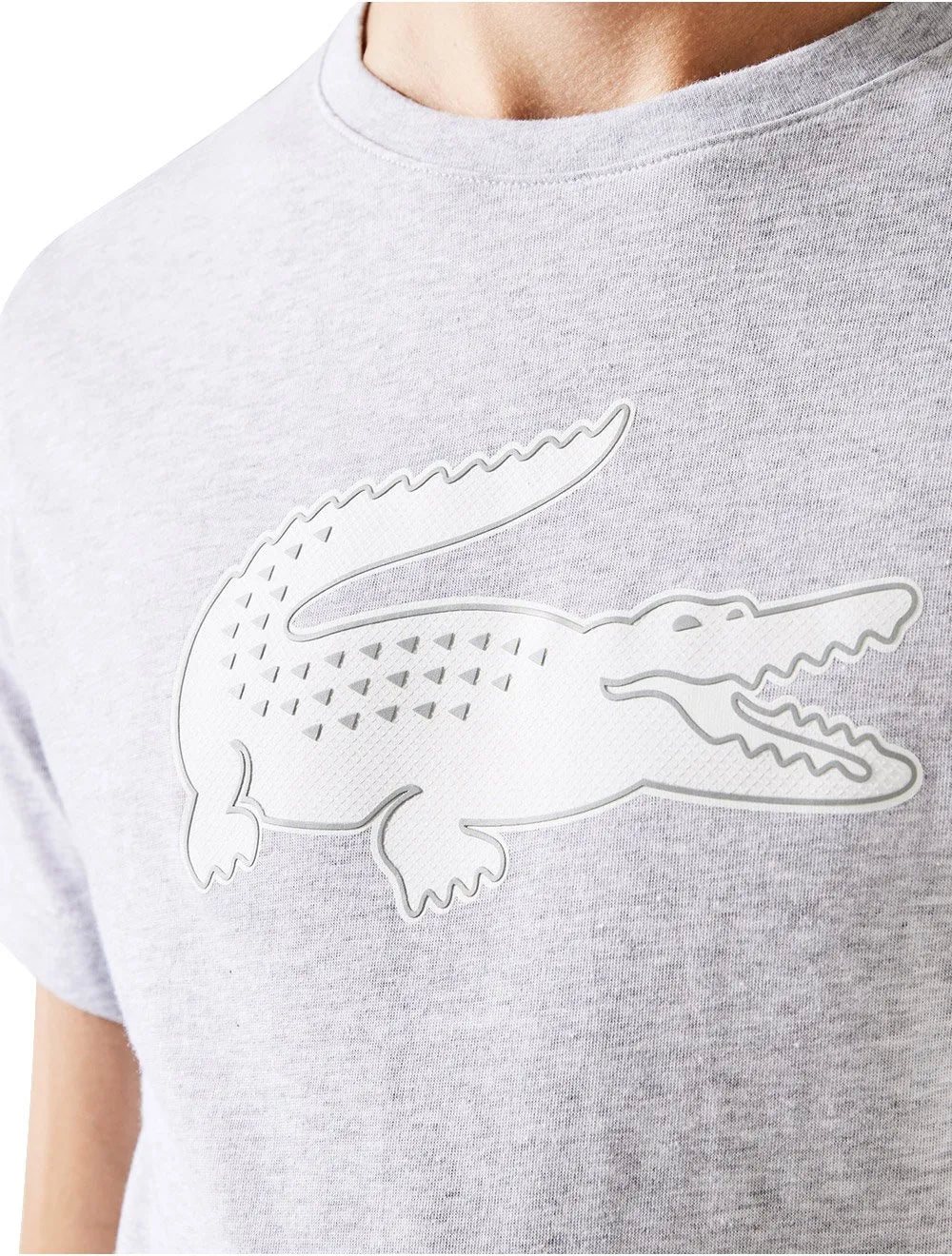 Camiseta Lacoste Masculina Jersey Sport 3D White Logo Cinza Mescla