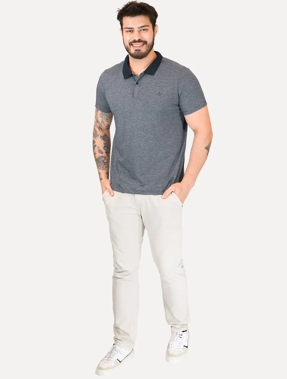 Kit Polo e Camiseta Dudalina Masculina Azul Marinho Listrado e Azul Marinho