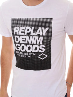 Camiseta Replay Masculina Denim Goods Block Dots Branca