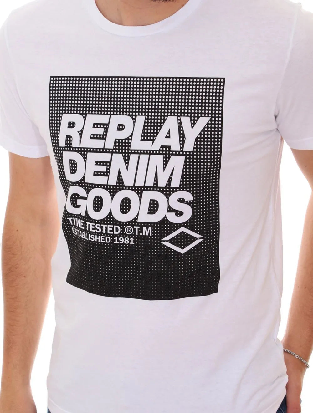 Camiseta Replay Masculina Denim Goods Block Dots Branca