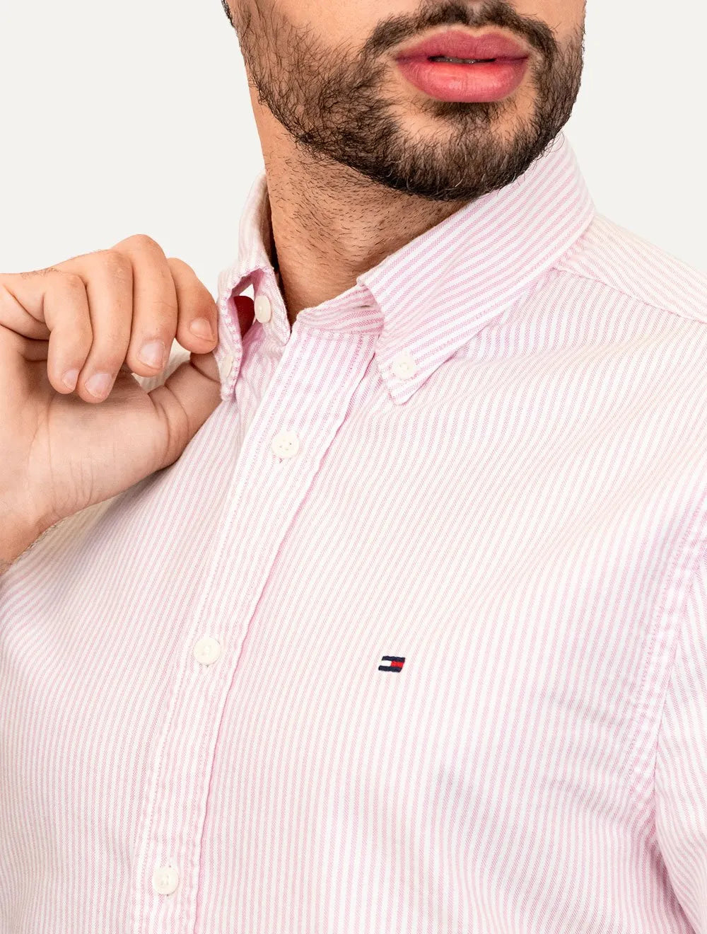 Camisa Tommy Hilfiger Masculina Manga Curta Regular Oxford Stripes Rosa Mescla