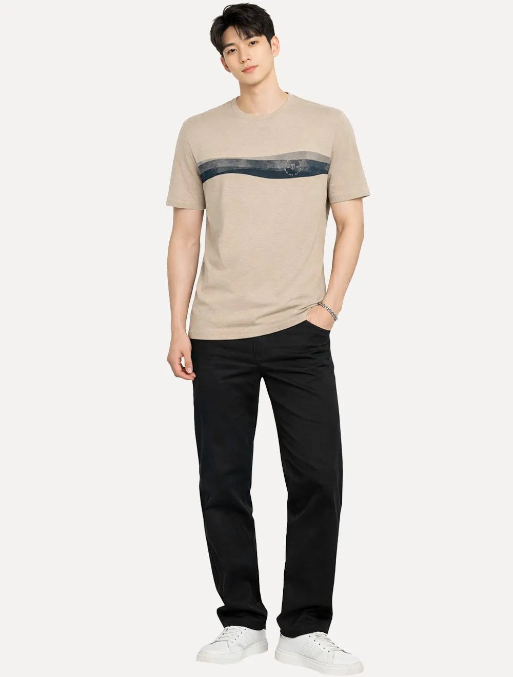 Camiseta Individual Masculina Comfort Estampada Waves Cáqui Medio