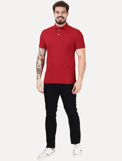Polo Tommy Hilfiger Masculina Slim Piquet 1985 Light Button Vermelha