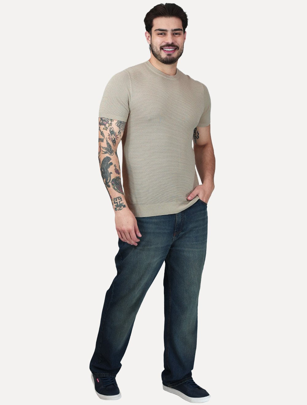 Camiseta Dixen Masculina Tricot Manga Curta Textura Pontilhada Gola Careca Areia