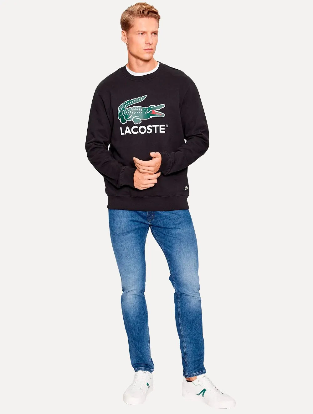Moletom Lacoste Masculino Crewneck Classic Fit Cotton Fleece Logo Preto