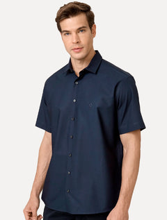 Camisa Dudalina Masculina Manga Curta Comfort Superfine Cotton Mono Logo Lisa Azul Marinho