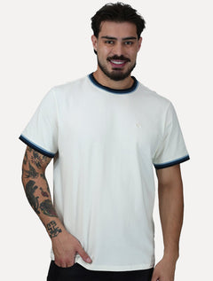 Camiseta Dudalina Masculina Cotton Blue Listra Gola Off White