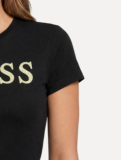Camiseta Guess Feminina Silk Gold Logo Simple Preta