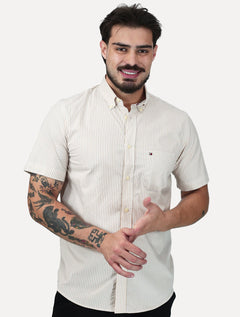 Camisa Tommy Hilfiger Masculina Manga Curta Regular Listrada Oxford Cáqui