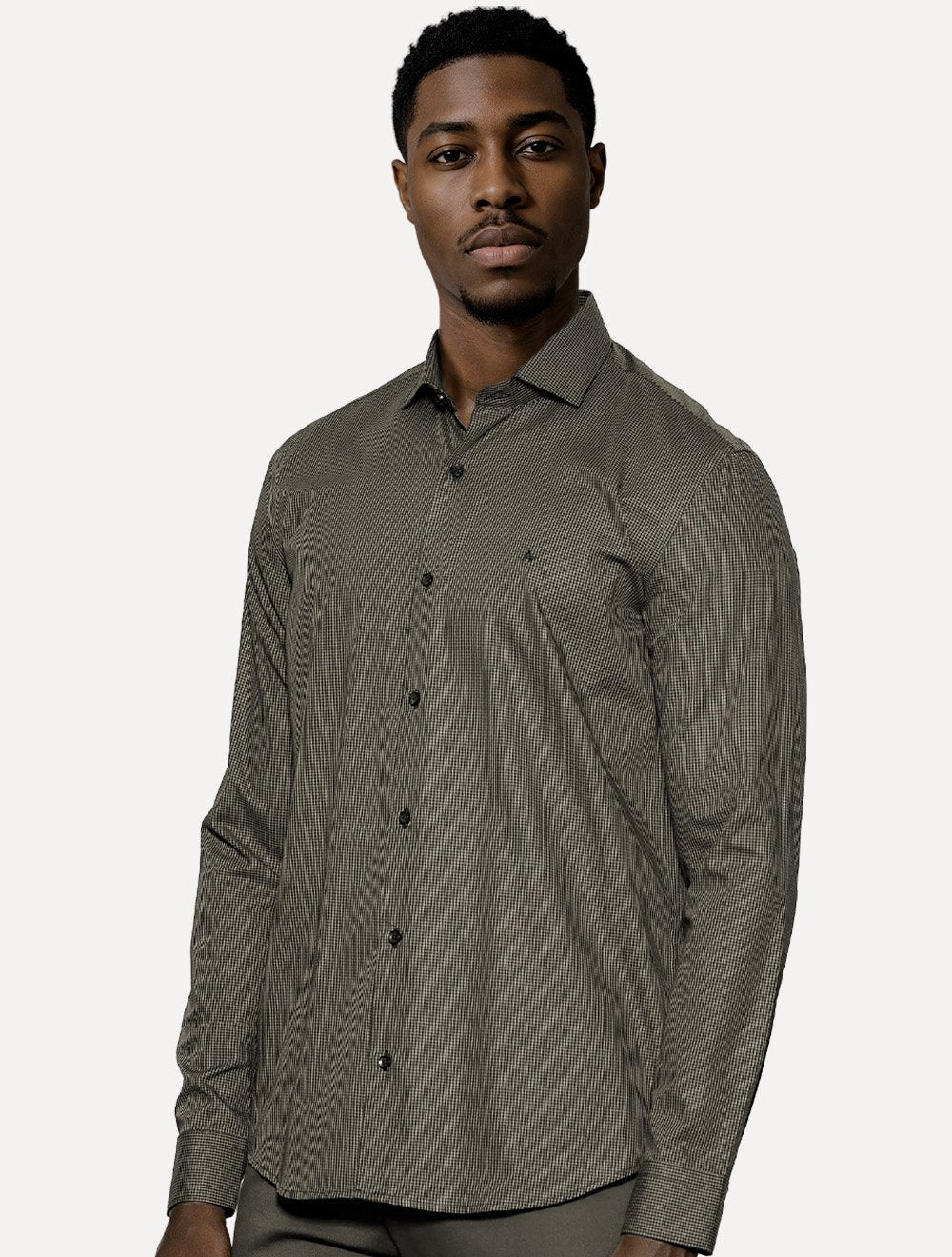 Camisa Aramis Masculina Manga Longa Mini Xadrez Preto Com Cáqui