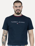 Camiseta Tommy Jeans Masculina Regular Linear Ringer Tee Azul Marinho
